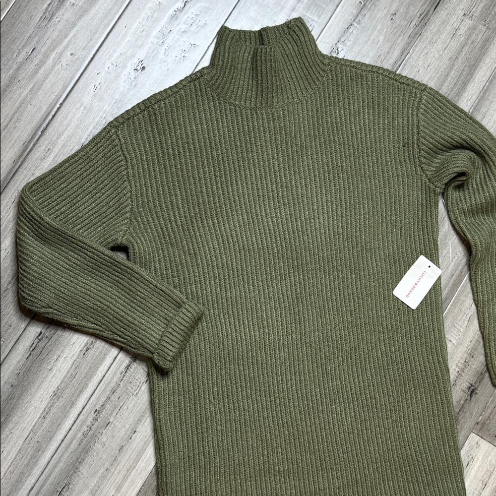NWT LUCKY BRAND MOCK NECK RIBBED SWEATER DRESS OLIVE GREEN WOOL BLEND SIZE XS - Picture 6 of 11